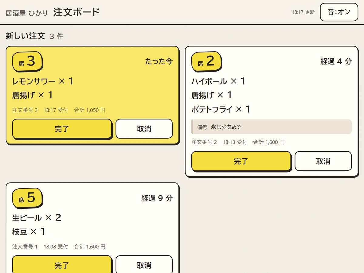 店の注文ボードの画面。席 3・席 2・席 5 の注文が並び、届いたばかりの席 3 の注文が黄色く光っている